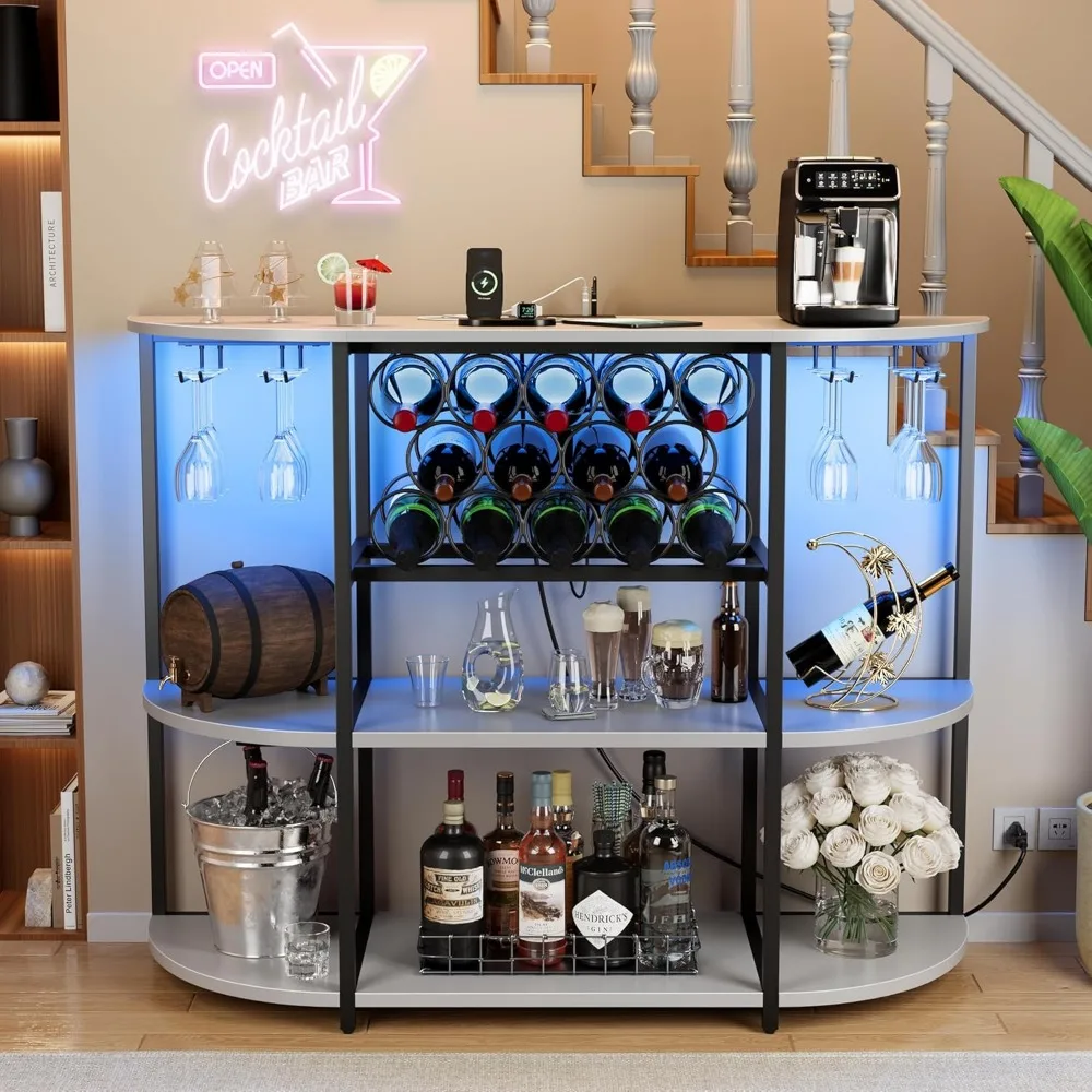 

Wine Bar Cabinet with LED Lights and Power Outlets, Freestanding Coffee Liquor Bar Cabinet with Glass Holder, Wine Rack Table f