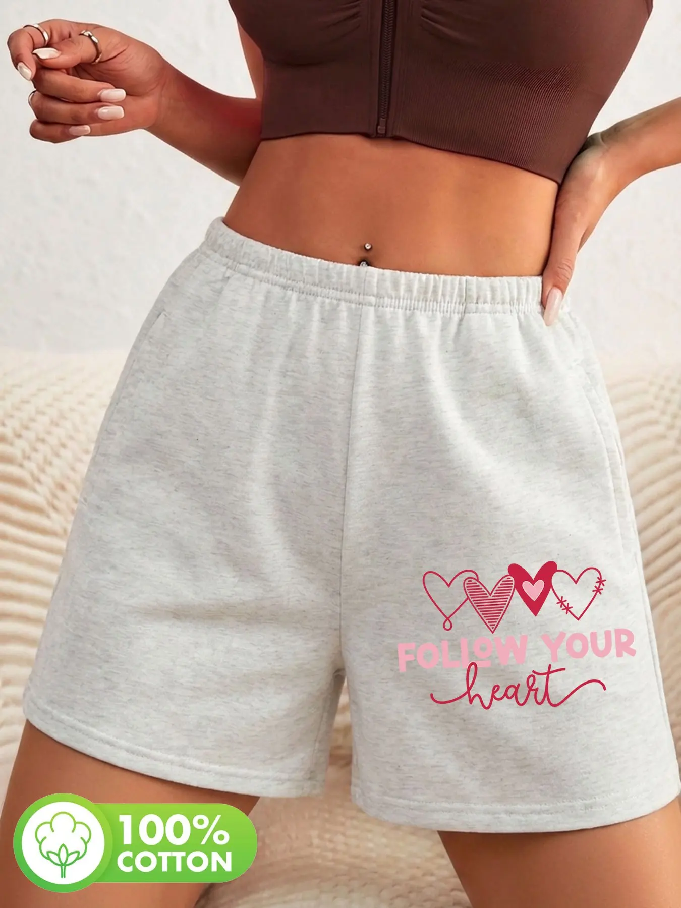 Ladies' Sweet and Stylish Love and Versatile Fashionable Cotton Loose High Waisted Shorts