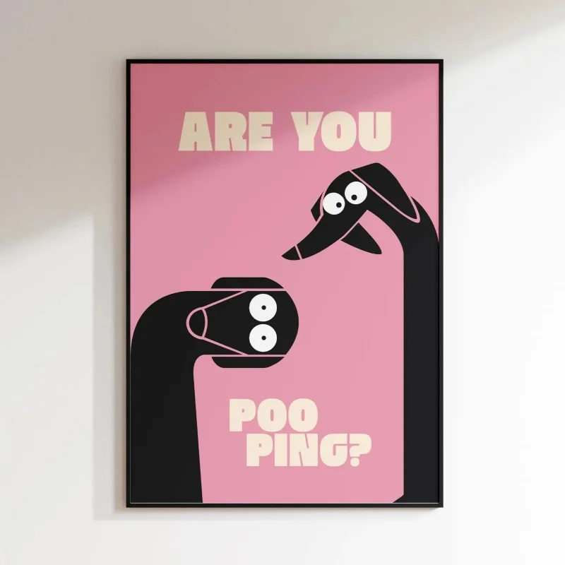 Divertido póster de pared de lona sin marco con diseño de perro para baño "¿Estás defecando?" Arte de pared minimalista rosa para amantes de los perros, impresión artística mate