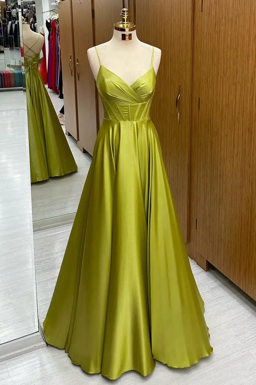 Satin Spaghetti Straps V-Neck Prom Dresses Sleeveless Backless Evening Gowns Ruched Pleated Corset A-line Long Bridesmaid Gowns