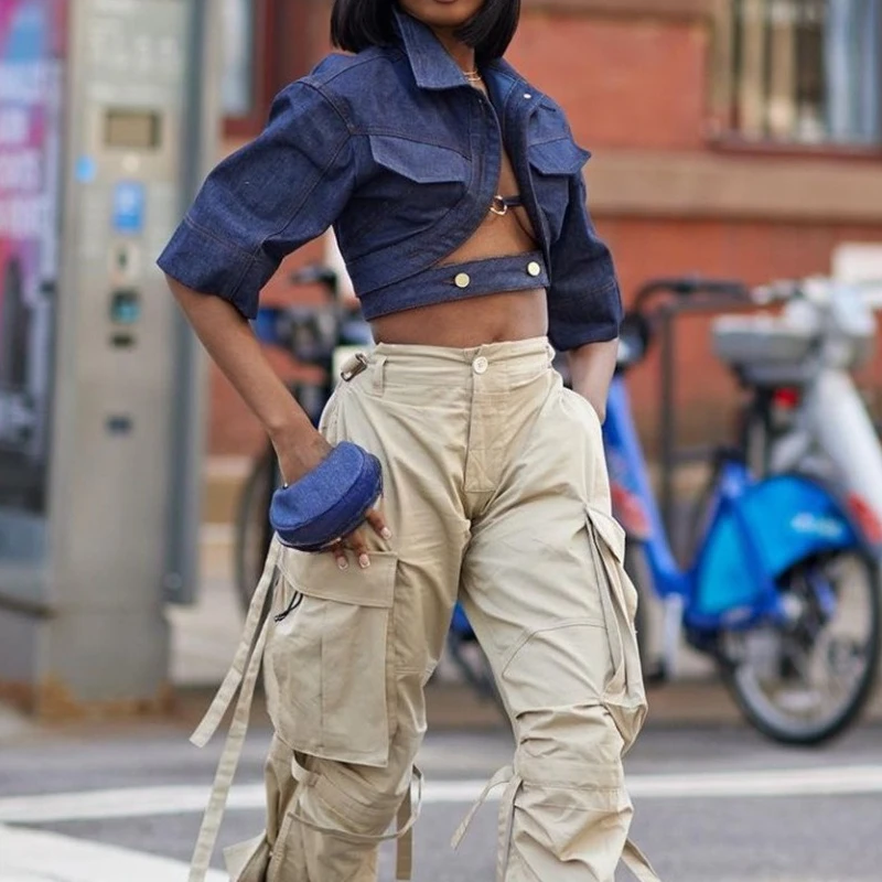 

Женская модная укороченная джинсовая куртка с длинным рукавом, весна/лето 2026, с поясом, в уличном стиле, верхняя одежда