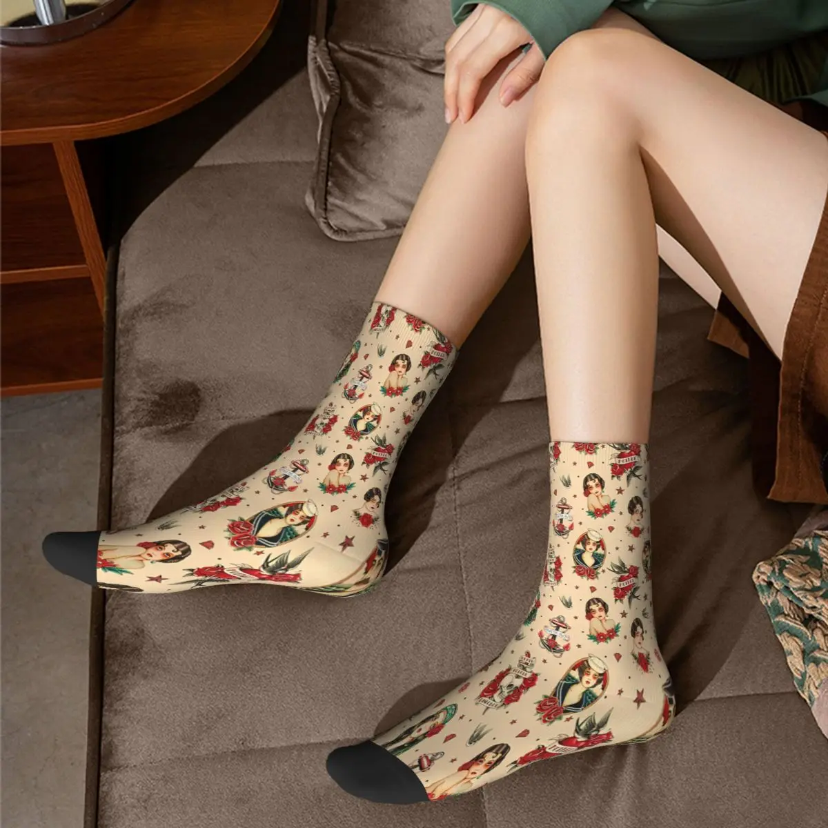 Old School Tattoo 02 Beige Socks Male Mens Women Autumn Stockings Printed