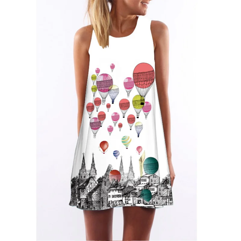 2019 European Station Hot Sale in Europe and America New Digital Printing round Neck off-Shoulder Loose Mid-Length Sleeveless Dr