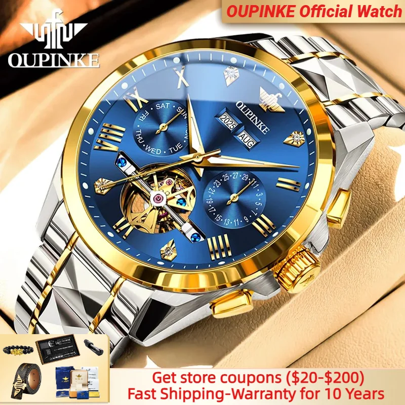 

OUPINKE 3240 Original Automatic Mechanical Watch for Men Flywheel Hollow Calendar Waterproof Tungsten steel Strap Man Wristwatch