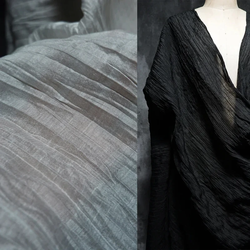 Linen Black Slightly Transparent Pleated Texture Yarn Sense of Niche Wind Cotton and Linen Fabric Half A Meter Price