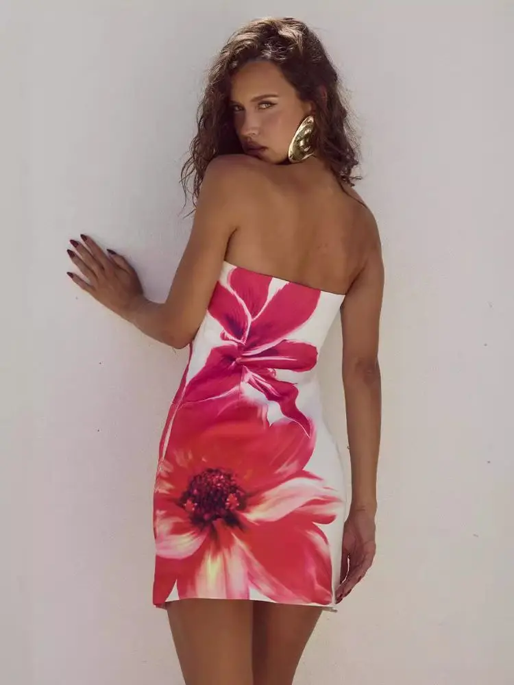 2024 Sommer sexy träger loses kurzes Kleid mit Hüft wickel, ärmellose rücken freie, schmale Passform für Frauen, blühende, brillante Blumen drucke