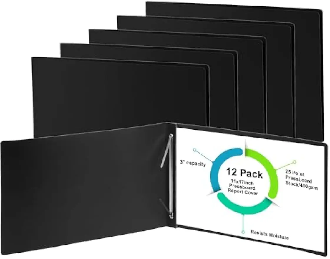 

12-Pack 11x17 Pressboard Report Covers with Metal Prong Fasteners, 3-Inch Capacity for Documents