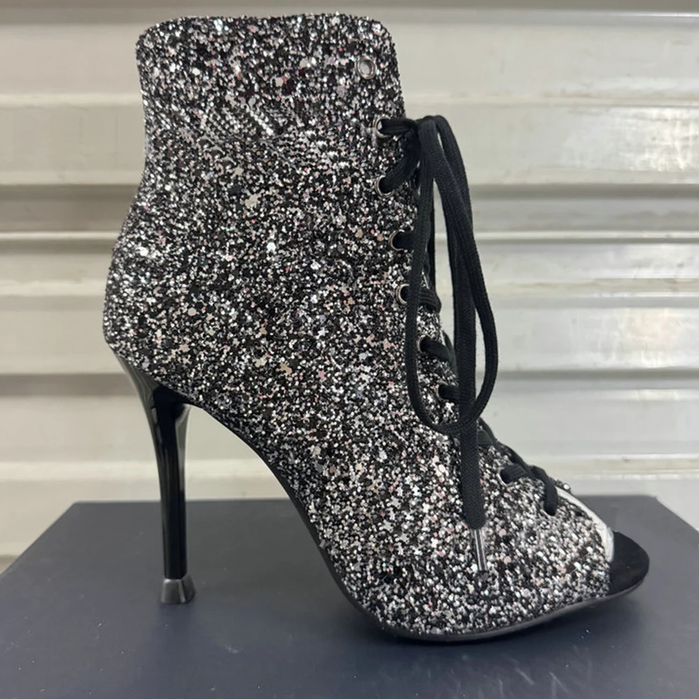 Jazz Dance Booties Grey Shiny Glitter Sip Sole 8cm 10cm Slim Heel Salsa Latin Dance Heels Party Shoes