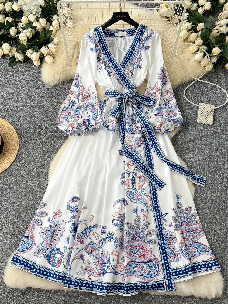 

Summer Retro Bohemian Paisley Dress Holiday Cross V Neck Lantern Sleeve Vintage Print Bandage Lace Up Robe Vestidos Maxi Clothes