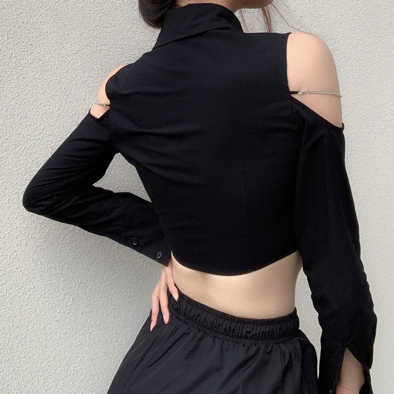 WhereMery OL Sexy Off Shoulder Black Blouse Polo-neck Button Cardigan Crop Tops Women Formal Occasions Long Sleeve Slim Clothes