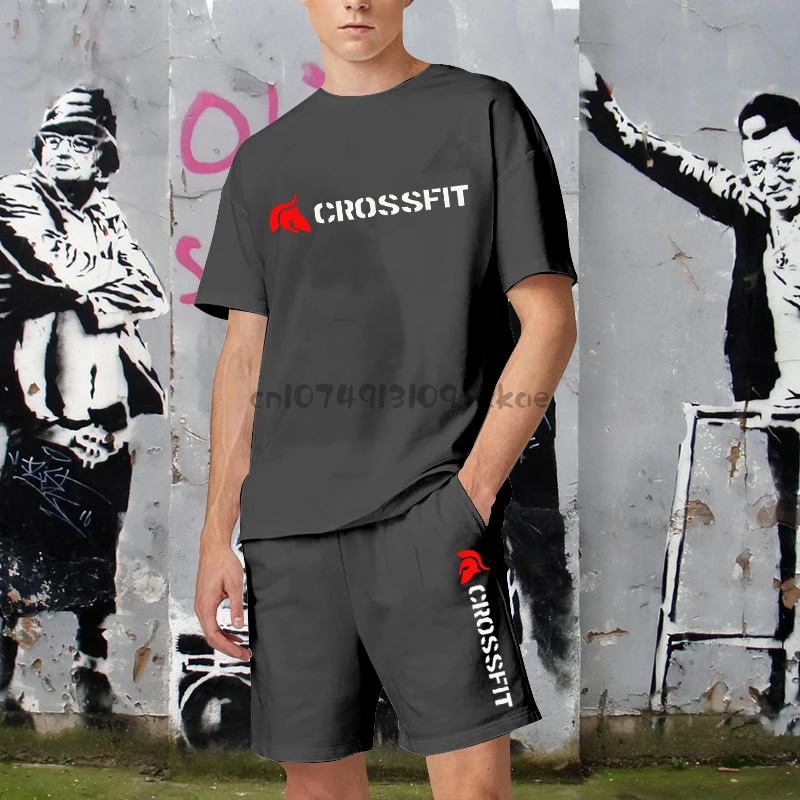 Conjunto de camiseta e shorts crossfit fitness masculino, roupas esportivas de algodão casual, tamanho infantil, conjunto de 2 peças