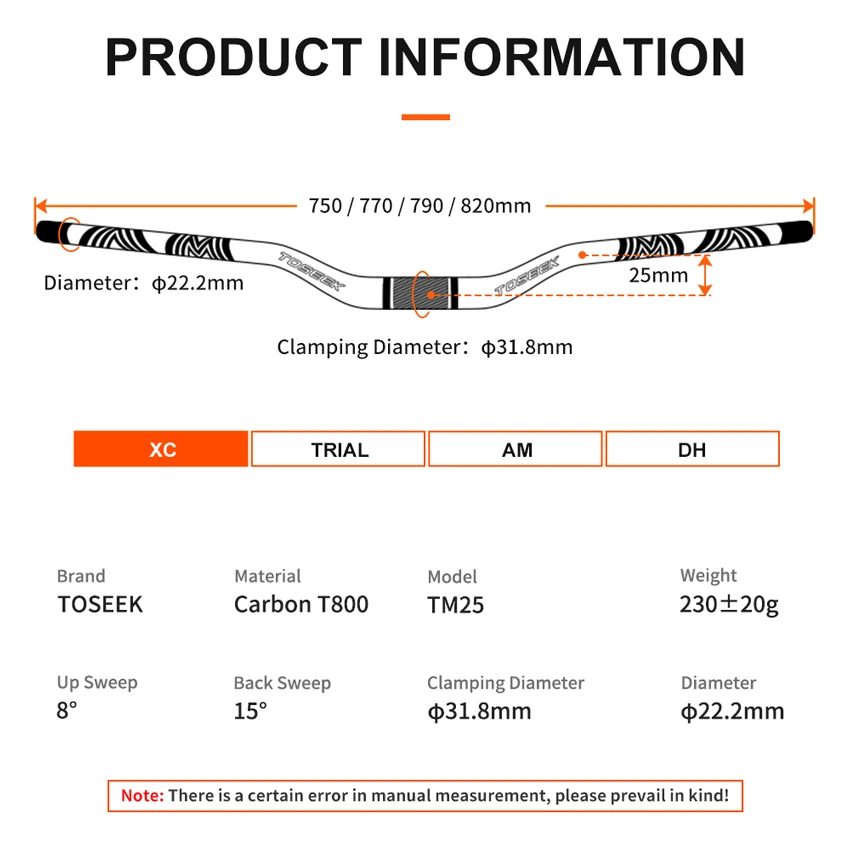 TOSEEK T800 Carbon Fiber XC Handlebar Bicycle Handle Bar MTB Bike Handlebars 31.8mm Width 750/770/790/820mm Rise 25/35mm