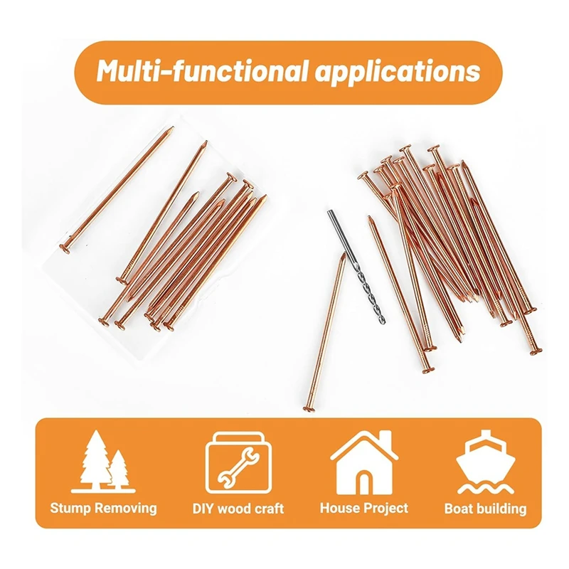 AC62-Copper Nails For Killing Tree Stump Roots, 3.15 Inch Copper Nails With Drill, Stake Removal Nailer For Trees