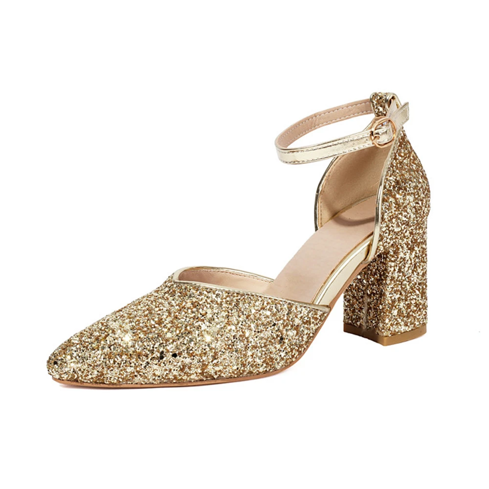 

Туфли-лодочки на толстом высоком каблуке 2026 года, женские модные блестящие босоножки с ремешком на щиколотке, для свадьбы, вечеринки, офиса, большие размеры до 48 F8-1