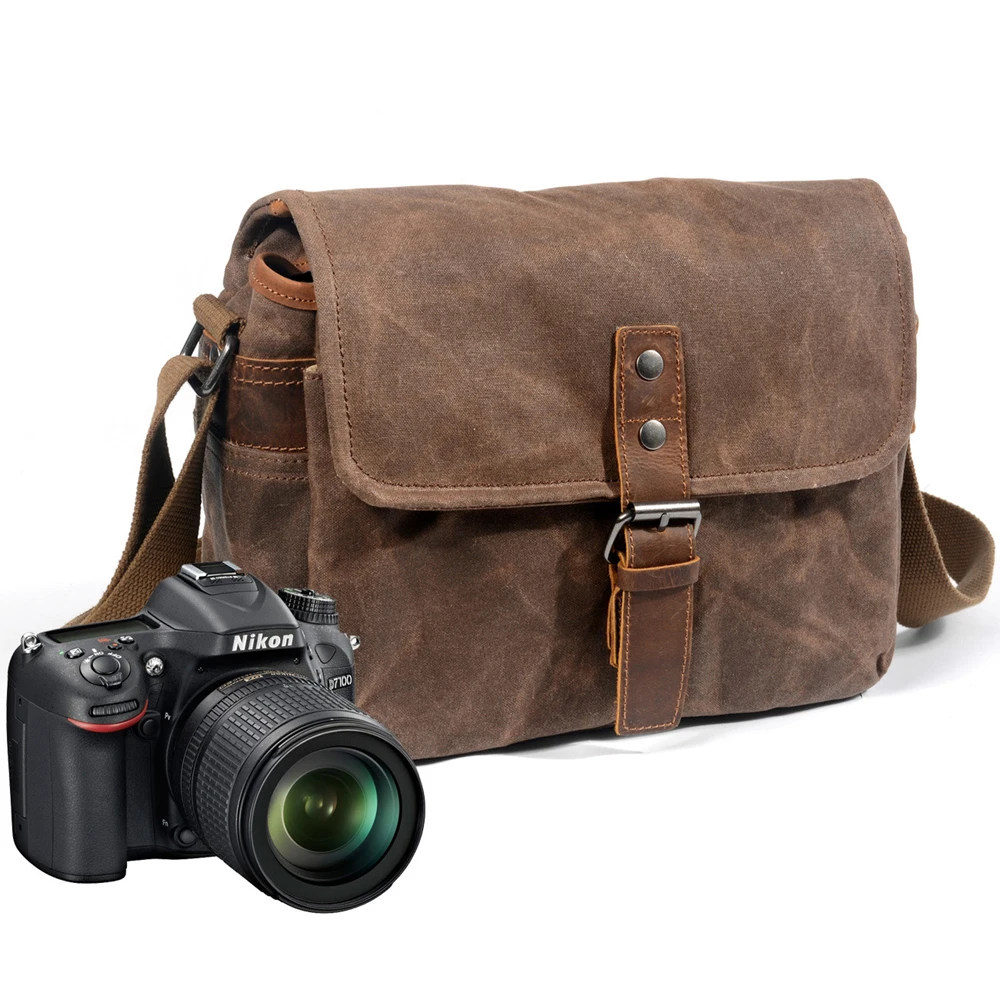 Waterproof Retro Batik Canvas & Cowhide Photography Video Camera Messenger Bag Men Women Casual Shoulder Travel Case for DSLR