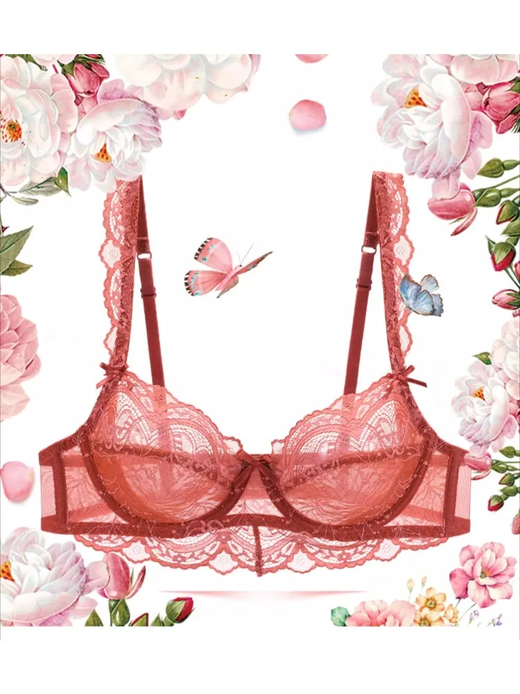 YUQI French white lace pull-up Full Bust bra Set, ultra-thin large-sized underwear, women's transparent mesh big chest sexy bra