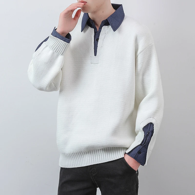 

Fashion Polo Style Sweater Men Clothes 2026 Autumn Winter New Fake-2Pieces Loose Men's Casual Sweaters Long Sleeve Pull Homme