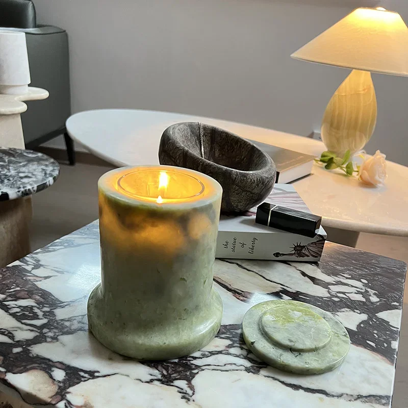 Natural marble cylinder aromatherapy candle holder villa model room creative home bedroom with lid without candle ornaments