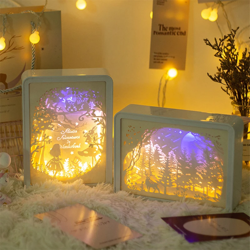 Adornos de luz de tallado de papel 3D creativos, lámpara de mesa LED, luces de noche para dormitorio de niñas, lámpara de decoración artística de navidad, regalos de cumpleaños