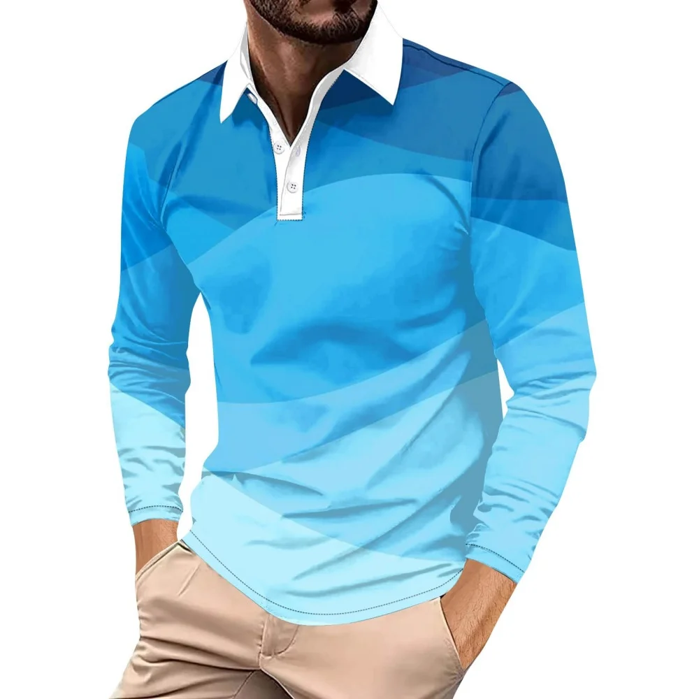 Color Blocking Print Polo Shirts Men Simple Fashion Lapel Golf Wear Men's T-Shirt Tops Street Sports Long Sleeve T-Shirt Man