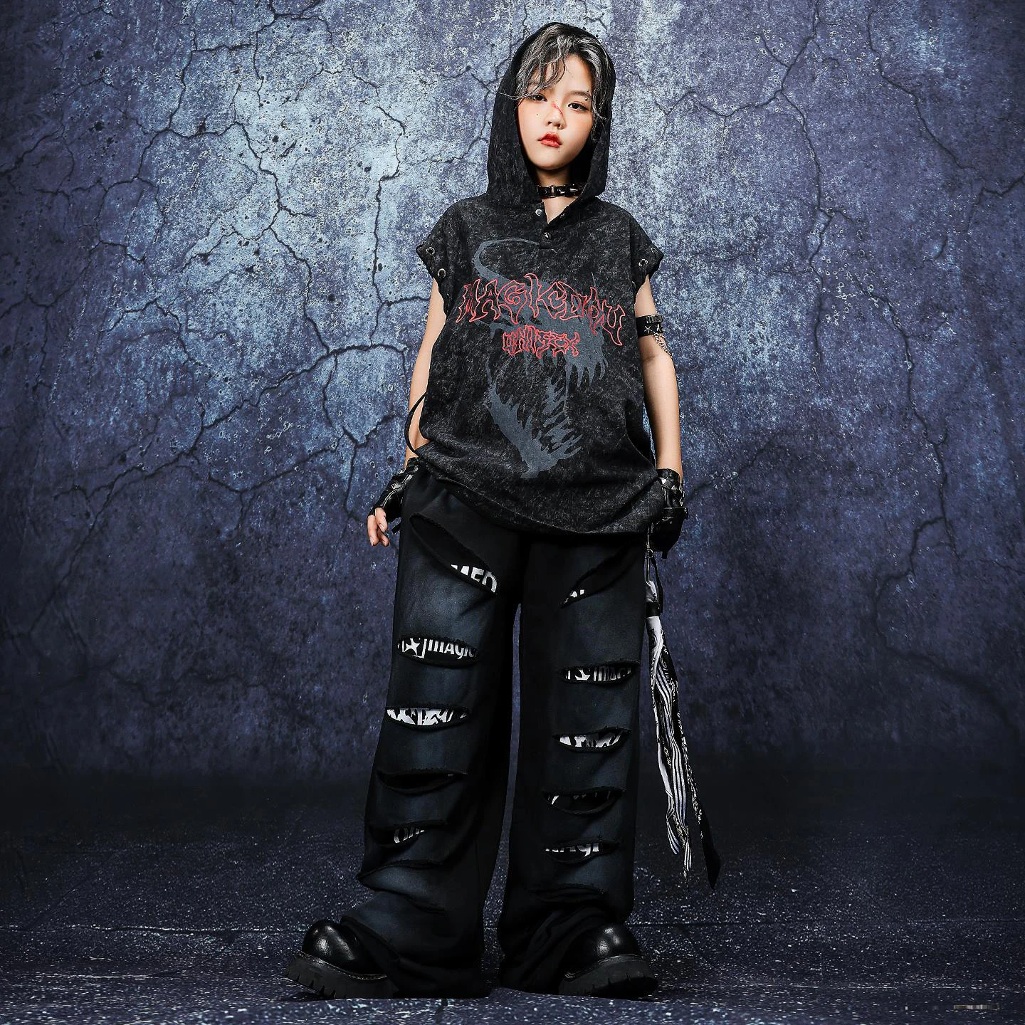 Jungen Punk Hip Hop Dance Kostüm Schwarz Mit Kapuze Tops Lose Hosen Teenager Straße Tanzen Leistung Kleidung Bühne Tragen BL16663