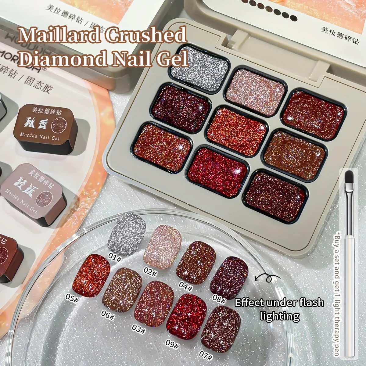 Gel per unghie con diamante schiacciato Maillard da 9 pezzi - Smalto gel glitterato da nudo a rosso scintillante per nail art, Soak Off UV LED Nail Gel Salon