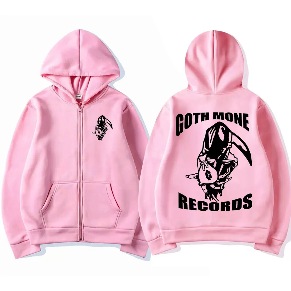 Goth Money Records Skull Graphic Zipper Hoodie Men Vintage Rock Gothic Zipper Sweatshirt Male Hip Hop Oversized Zip Up Jacket