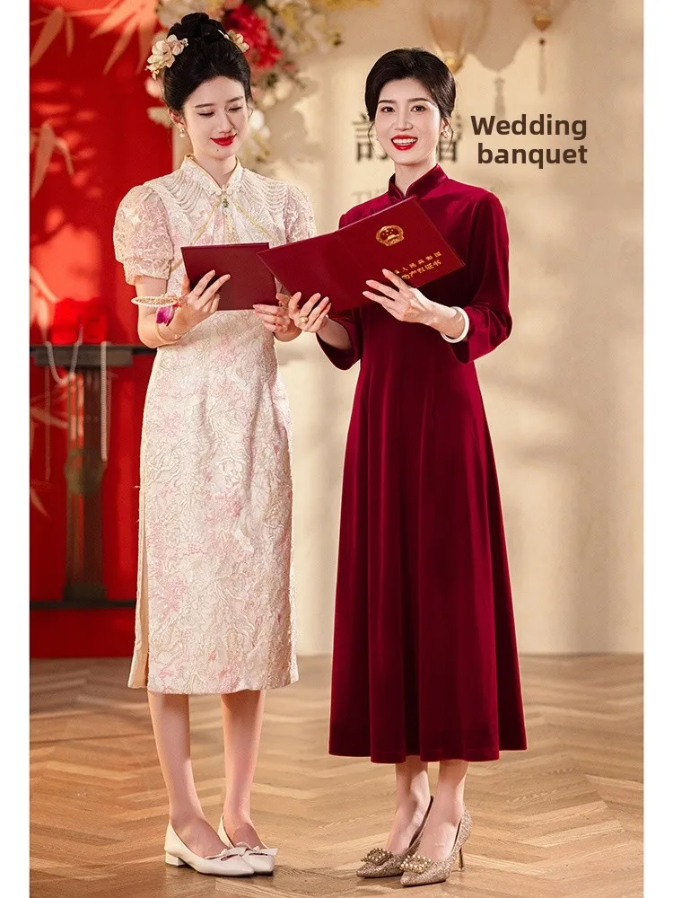 

Ele Velvet Wedding Dr for Mother of the Bride Red Wine Color Qipao Sle Mid-Length Evening Gown for Engagement Parties