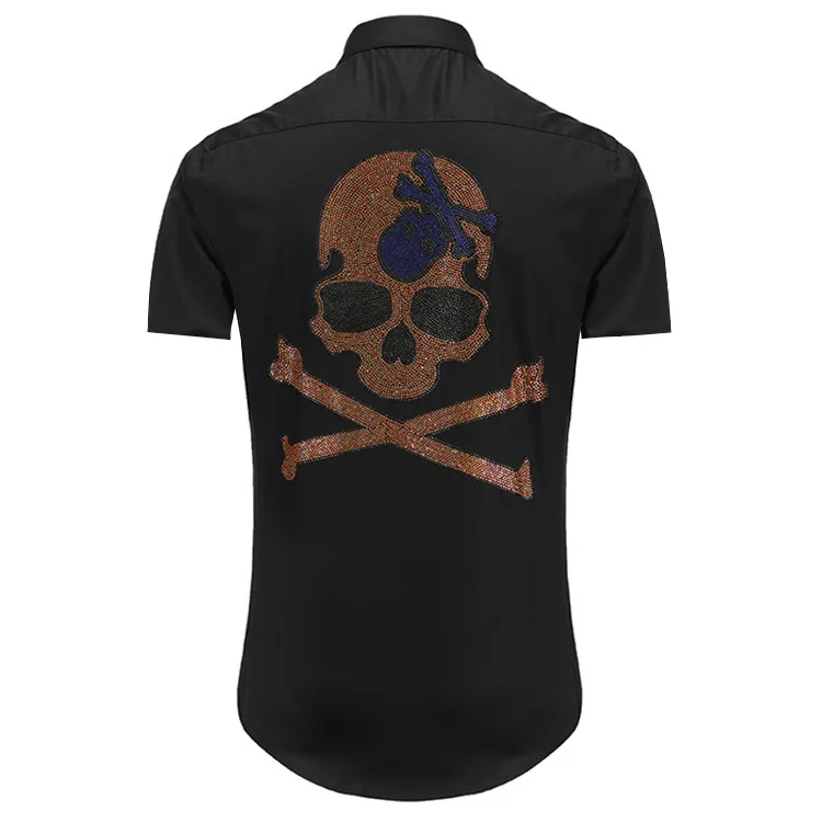 New 2021 Luxury Men Classic Steampunk Skull Monster diamond Fashion Cotton Casual Shirts Shirt High Quality Short Sleeves A64