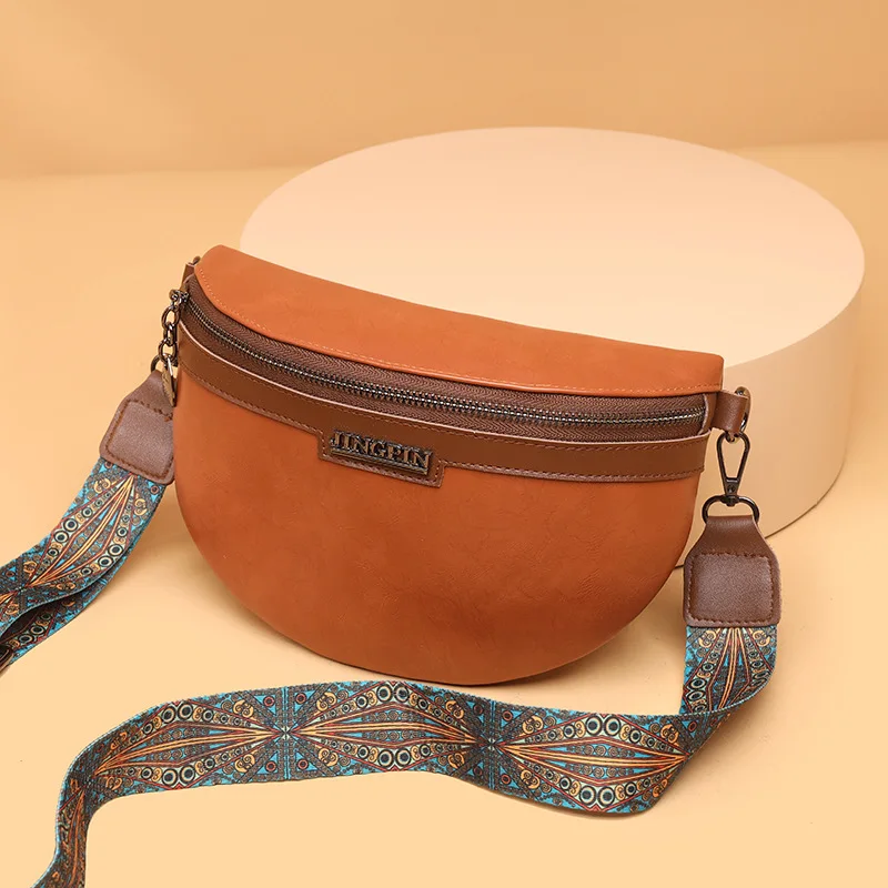 Elegant Contrast Colour PU Leather Waist Bags For Women 2023 Vintage Fanny Pack Ladies Waist Pack Wide Strap Crossbody Chest Bag