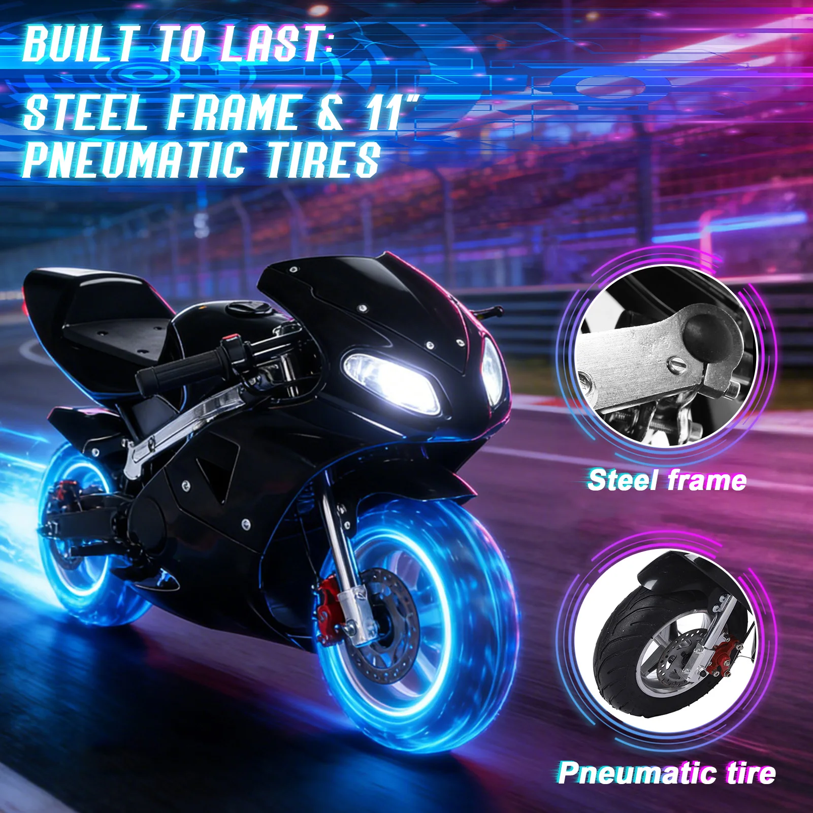 Mini moto a benzina a due tempi da 49CC con una capacità di carico massima di 170 libbre e freni a disco anteriori e posteriori