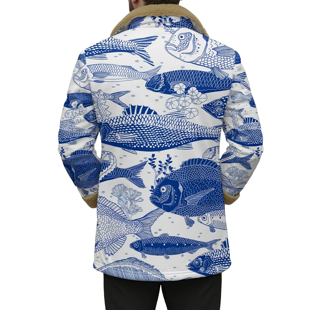 Winter Aesthetic Jacket Marine Life Print Long Coats Whale Turtle Jellyfish Pattern Faux Fur Collar Unisex Coastal Style​