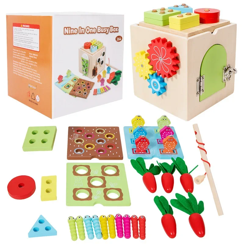 Etkind Busy Box giocattolo educativo multifunzionale in legno per l'apprendimento precoce dei bambini, 9 in 1