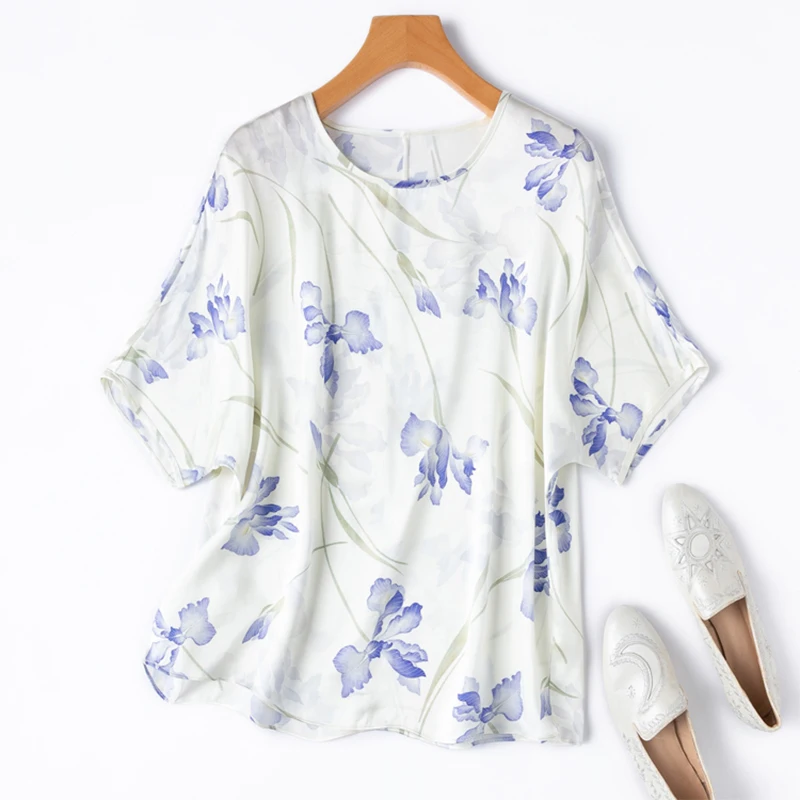 

Женская шелковая футболка из 100% тутового шелка базового типа, белый топ с короткими рукавами и цветочным принтом, пуловер, блузка 2024, офисная женская блузка M1349