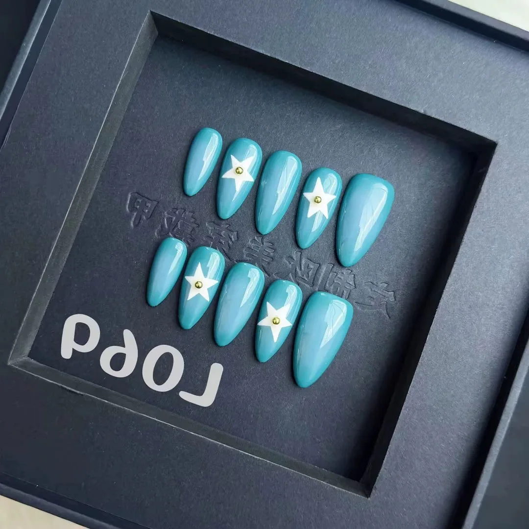 Handmade Press On Nails Sky Blue Y2K Fake Nails Long Removable Almond White Star Manicure False Nails Golden Bead Decor 10pcs