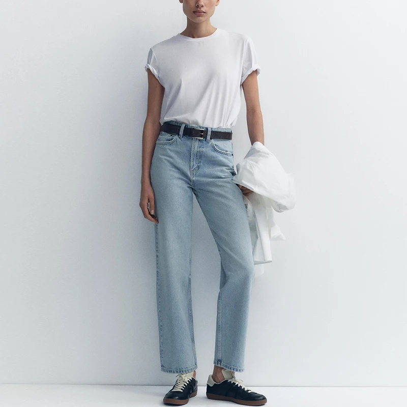 Celana Jeans Denim Wanita Model High Waist Longgar Nyaman, Model Kaki Lurus, Musim Panas Terbaru, Merek Z