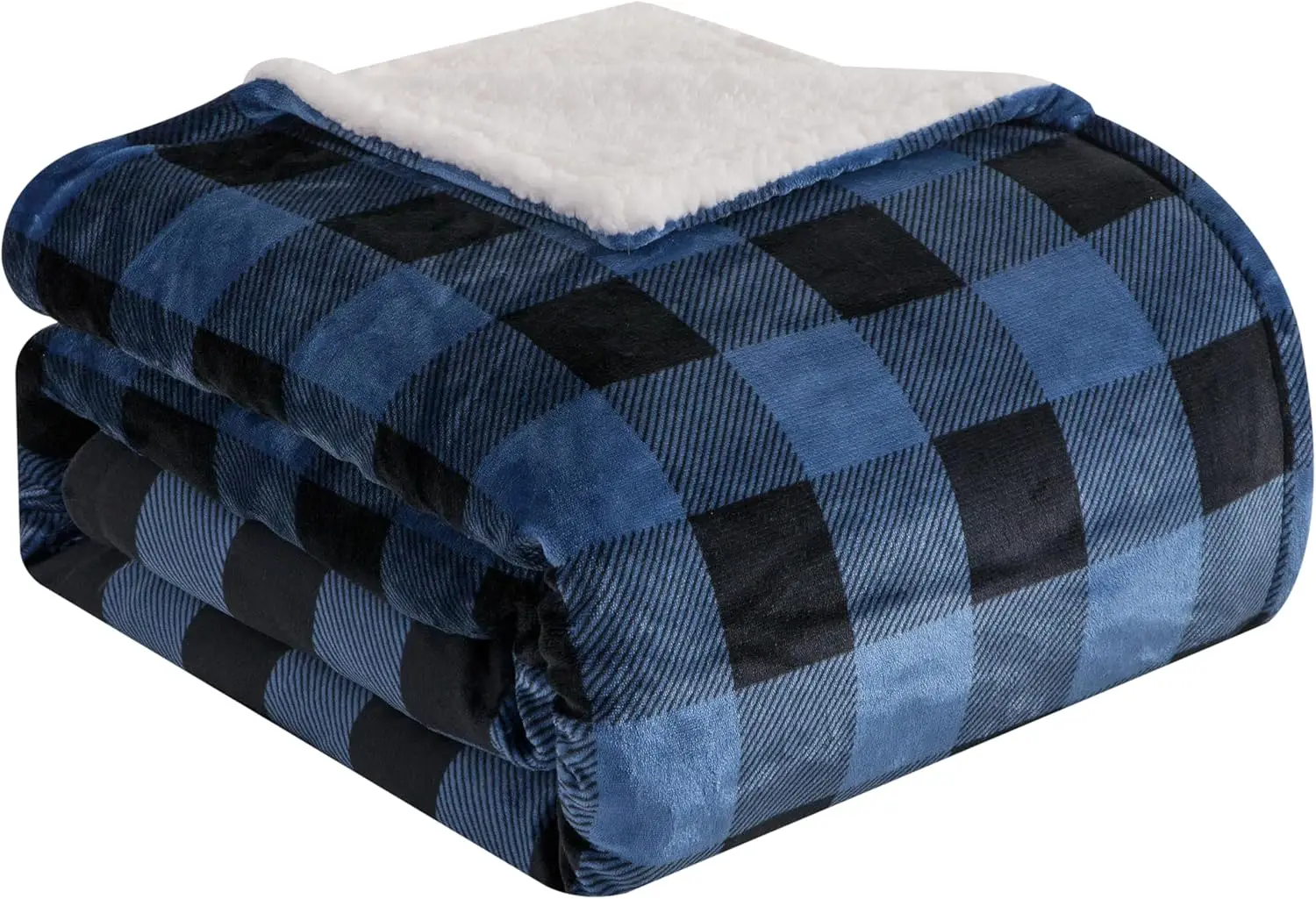 Ultra Soft Reversible Buffalo Plaid Flannel Sherpa Blanket - Cozy Silky Checkered Fleece Throw for Couch, BedFull, Blue