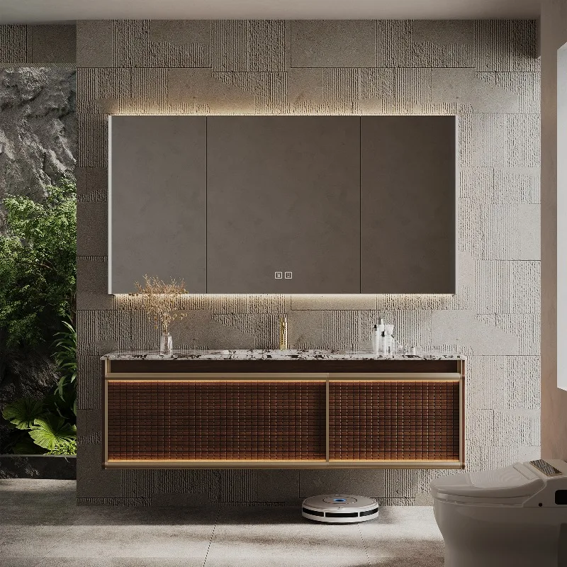Italian Luxury Solid Wood Floating Bathroom Vanity, Marble Countertop Integrated Sink, Smart LED Defog Mirror Cabinet