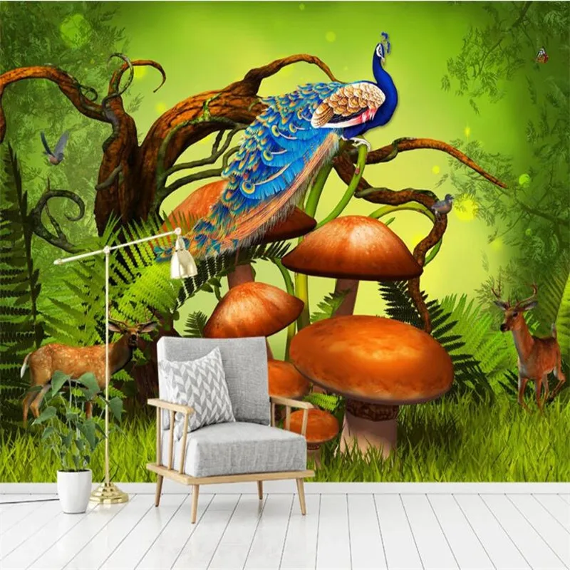 

Custom Any Size Primeval Forest Peacock Deer Background Mural Wallpapers for Living Room Bedroom Walls 3D Wall Papers Home Decor