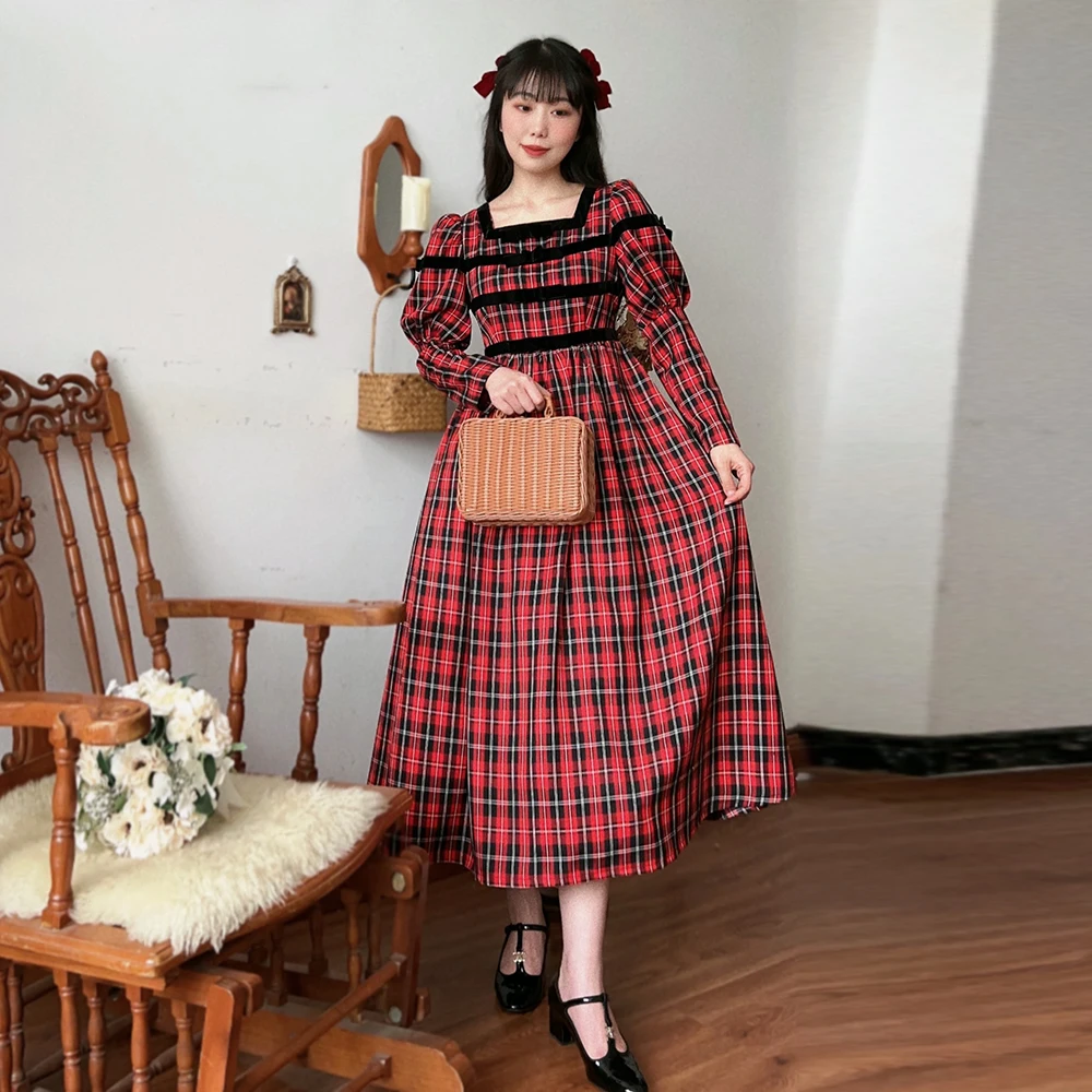 AnXin SH princess Retro French red checkered waist cinched palace style girl square long sleeve zipper customized evening dress