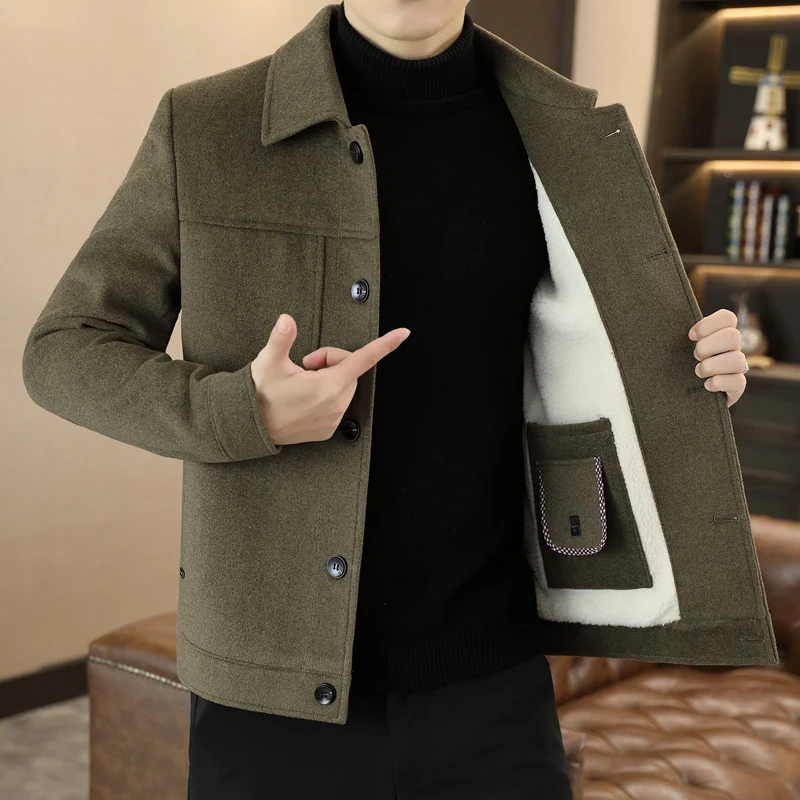 Winter Autumne Men Lambswool Blend Jacket Thick Thermal Fleece Lining Coats Turn Down Collar  Grey Khaki Tangerine Sizes 170-190