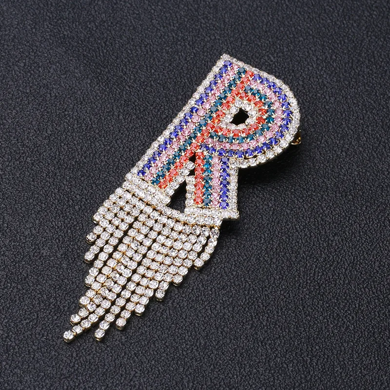 Grandbling Handmade Rhinestone Rainbow Color Full Rhinestone Letter Brooch  Tassel Lapel Pin