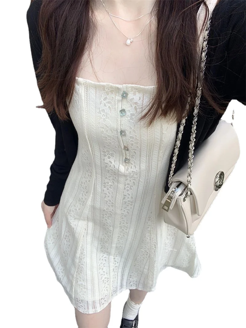 

Set Women's 2024 Gentle Style Lace Suspended Dress Long Sleeved Knitted Cardigan Two Piece Set