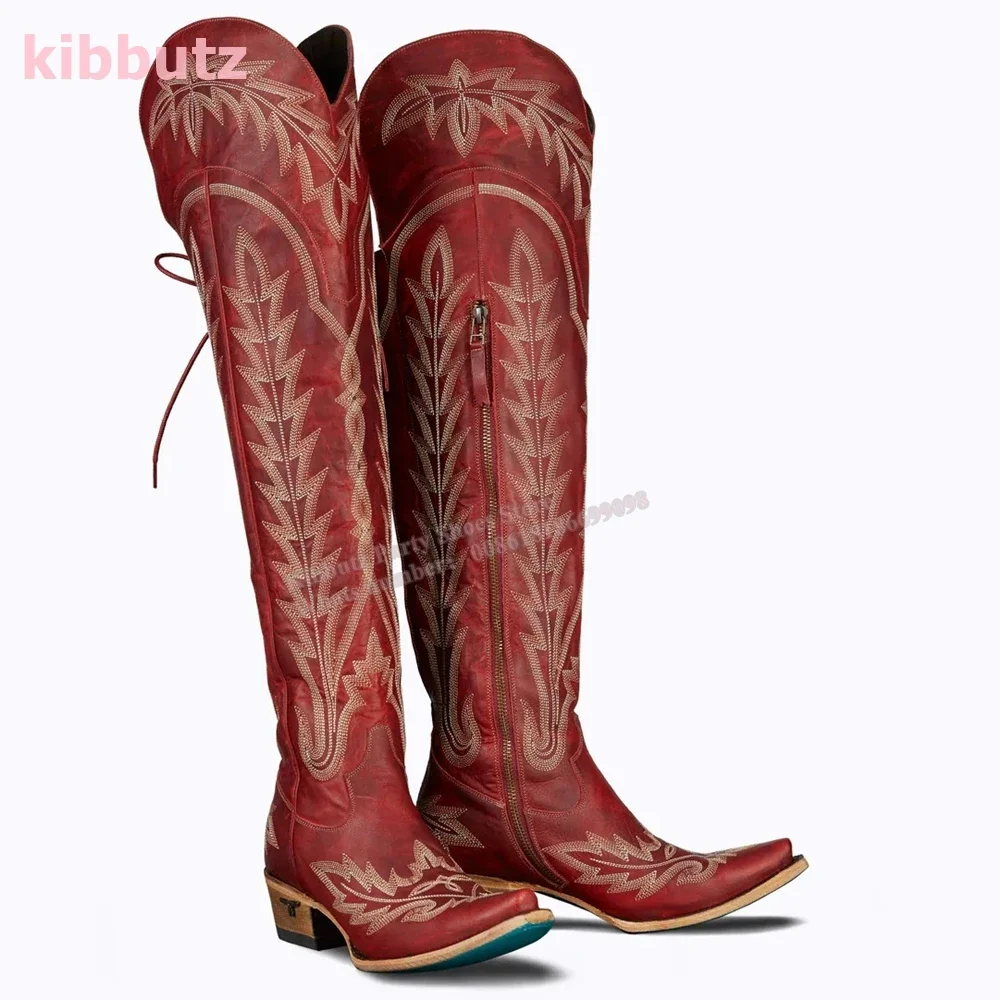 Rivet Cowboy Vintage Boots Over The Knee High Embroidery Lace-Up Luxury Leather Pointed Toe Chunky Heels Fashion Concise Shoes
