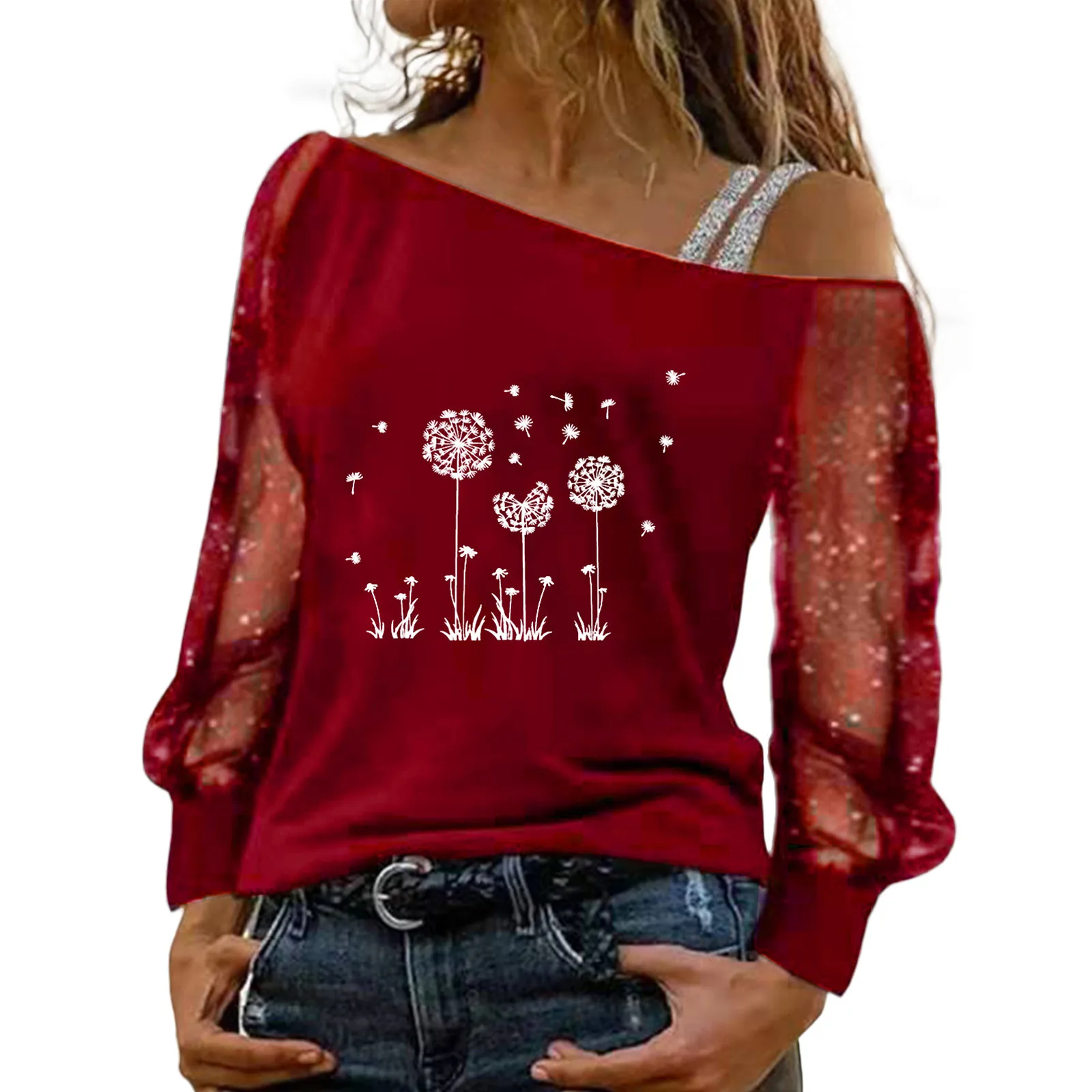 Sequin Print Blouse For Women Plus Size Mesh Long Sleeve Cold Shoulder Loose Splice Blouse Tops Summer Blouses 2024 Hot Selling