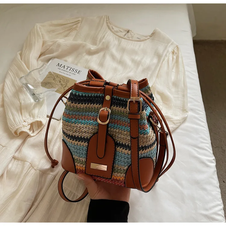 

2025 Summer Vintage Colorblock Mini Bucket Bag Trendy Crossbody Purse Fashionable Small Shoulder Bag