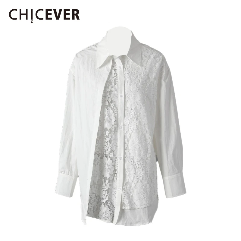 

CHICEVER Fashion Solid Spliced Buttons Shirt for Women Lapel Long Sleeve Spliced Embroidery Hollow Out Designer Blouse Female