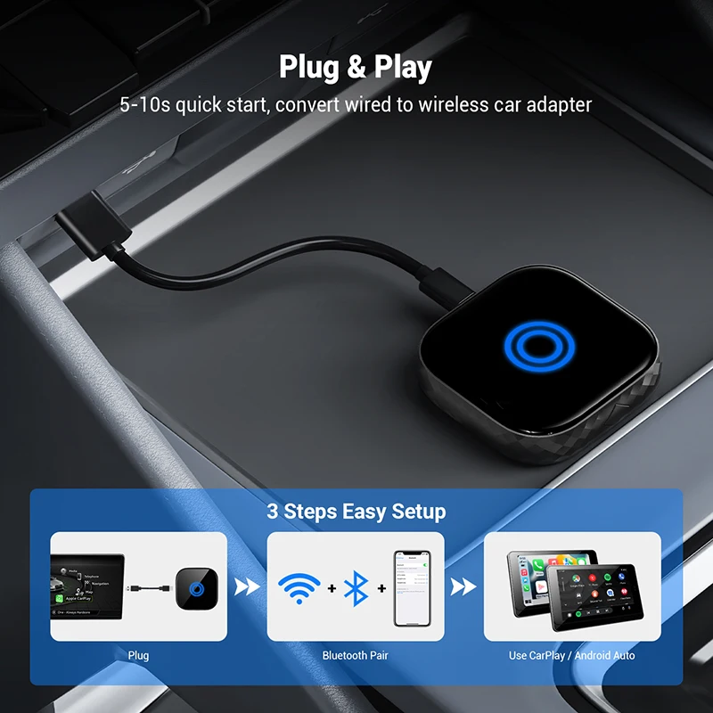 New 2 in 1 Wireless Carplay Adapter Android Auto USB Dongle Fast Connect Plug and Play for Cars with Wired Carplay