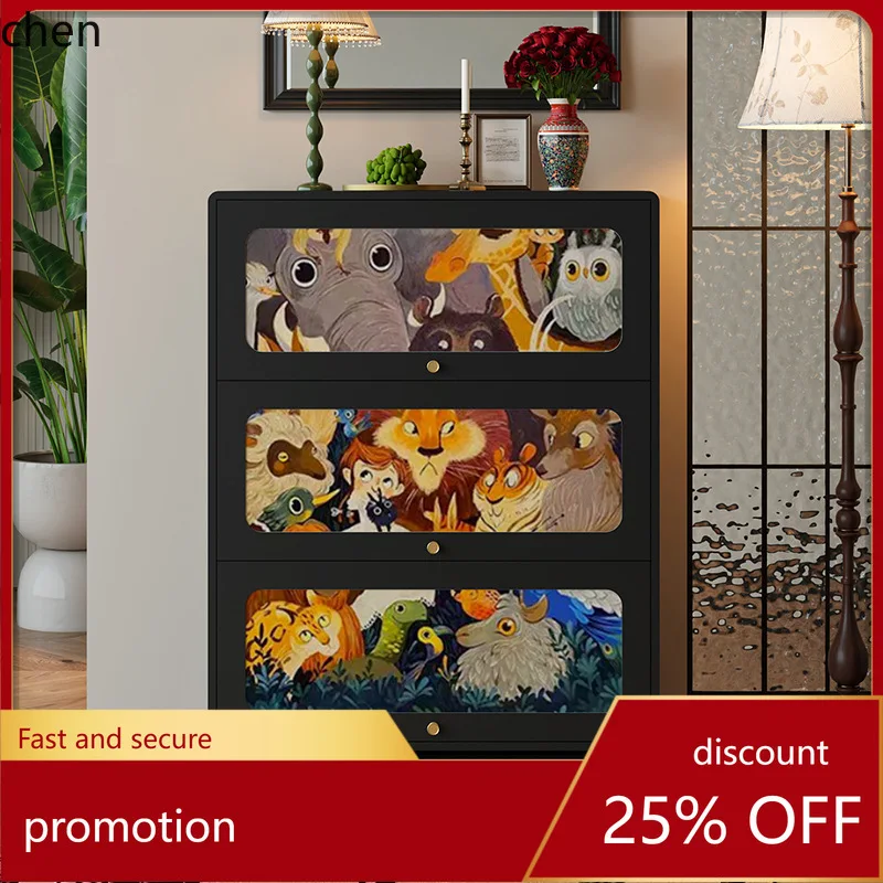 

HT Abstract Oil Painting Entryway Shoe Cabinet, Home Living Room Wall-Mounted Integrated Solid Wood Functional Storage Cabinet