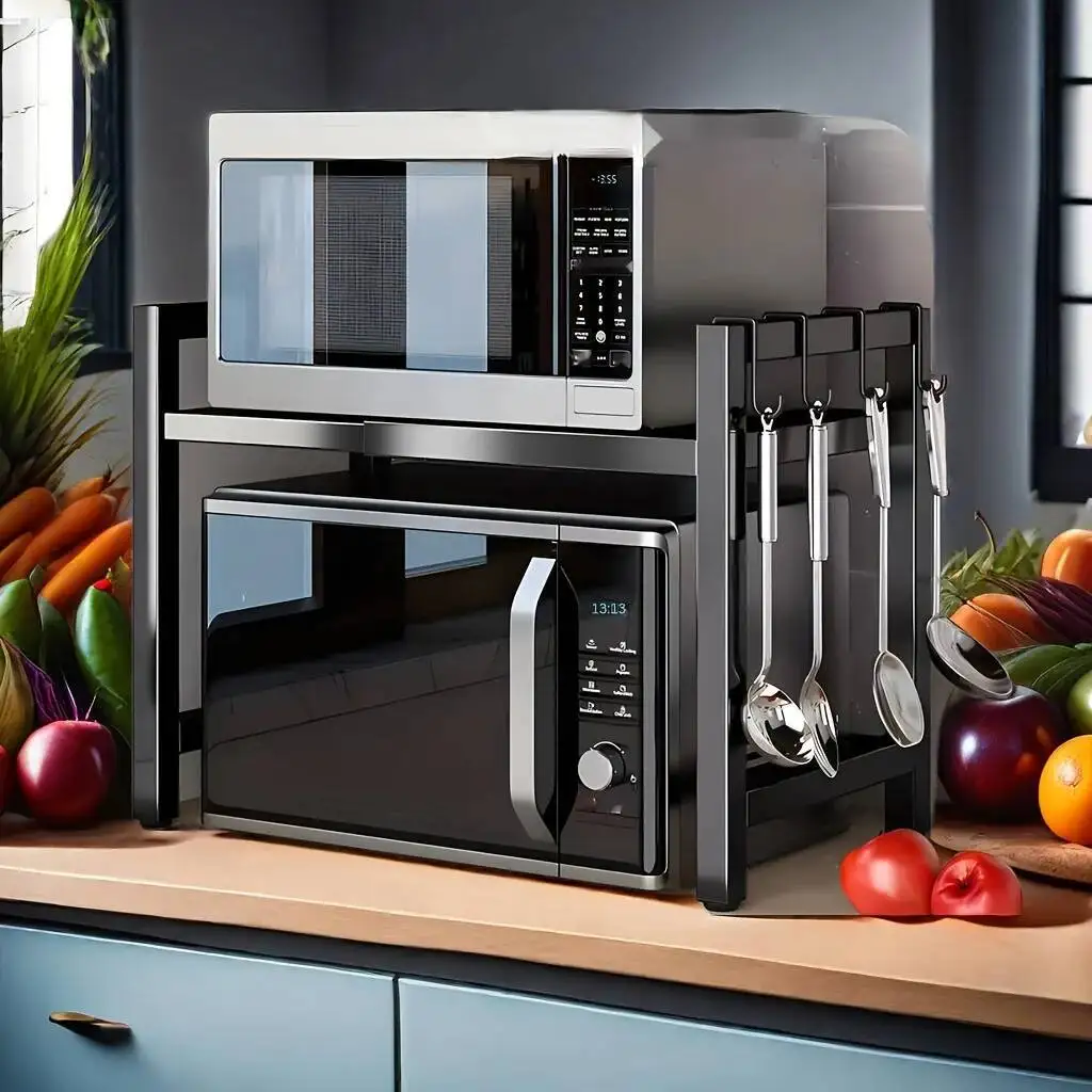 

Expandable Microwave Shelf With 6 Hooks, Carbon Steel Countertop Organizer For Kitchen Utensils And Tableware